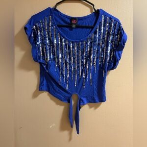 Bebe Blue Sequin Tie-Front Crop Top